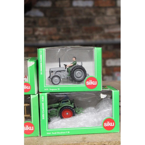 218 - FOUR SIKU 1:32 SCALE FARM MODELS TO INCLUDE A MASSEY FERGUSON TE TRACTOR, A FENDT DIESELROSS F 28 TR... 