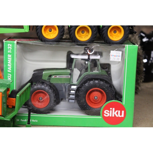 219 - FIVE SIKU 1:32 SCALE FARM MODELS TO INCLUDE A FENDT 930 VOLVO TRACTOR (AS NEW IN BOX), A FLAT BED TR... 