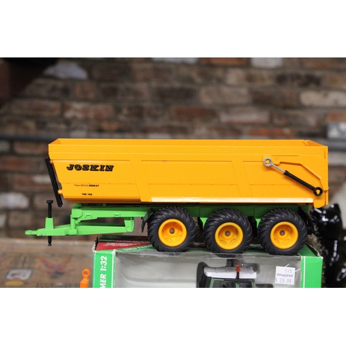 219 - FIVE SIKU 1:32 SCALE FARM MODELS TO INCLUDE A FENDT 930 VOLVO TRACTOR (AS NEW IN BOX), A FLAT BED TR... 