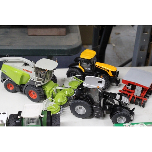 223 - FOUR SIKU 1:32 SCALE FARM MODELS TO INCLUDE A JCB FASTRAC TRACTOR, A CLAAS JAGUAR 960 TRACTOR WITH P... 