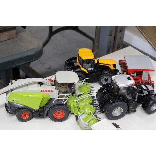 223 - FOUR SIKU 1:32 SCALE FARM MODELS TO INCLUDE A JCB FASTRAC TRACTOR, A CLAAS JAGUAR 960 TRACTOR WITH P... 