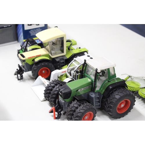 225 - FOUR SIKU 1:32 SCALE FARM MODELS TO INCLUDE A XERION 3000 TRACTOR, A FENDT 924 TRACTOR, A CLAAS TARG... 