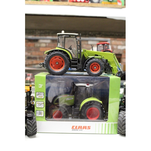 226 - FIVE SIKU 1:32 SCALE FARM TRACTORS TO INCLUDE A CLAAS ARION 540 (AS NEW IN BOX), A VALTRA, A CLAAS 6... 