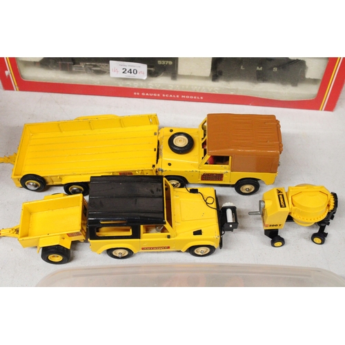 239 - FIVE BRITAINS 1:32 SCALE MODELS TO INCLUDE 2 LAND ROVERS, A CEMENT MIXER, FLATBED TRUCK AND BOX TRAI... 