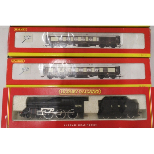 240 - FOUR HORNBY OO GAUGE MODEL TRAINS TO INCLUDE AN R2083 LMS 4-6-0 CLASS 5 '5379' STEAM TRAIN AND TENDE... 