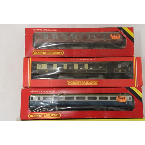 243 - FOUR HORNBY OO GAUGE MODEL TRAINS TO INCLUDE R434 LMS COACH BRAKE 3RD, R233 PULLMAN 3RD CLASS PARLOU... 