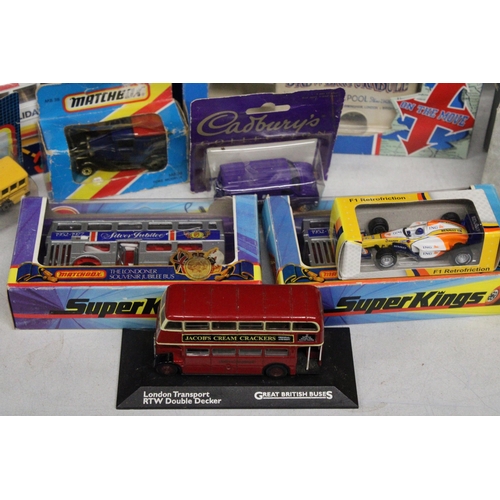 254 - A COLLECTION OF VARIOUS BOXED DIECAST MODEL VEHICLES TO INCLUDE MATCHBOX AND CORGI, BUSES AND VANS