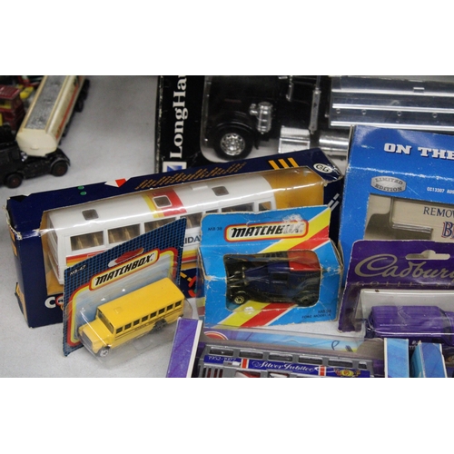 254 - A COLLECTION OF VARIOUS BOXED DIECAST MODEL VEHICLES TO INCLUDE MATCHBOX AND CORGI, BUSES AND VANS