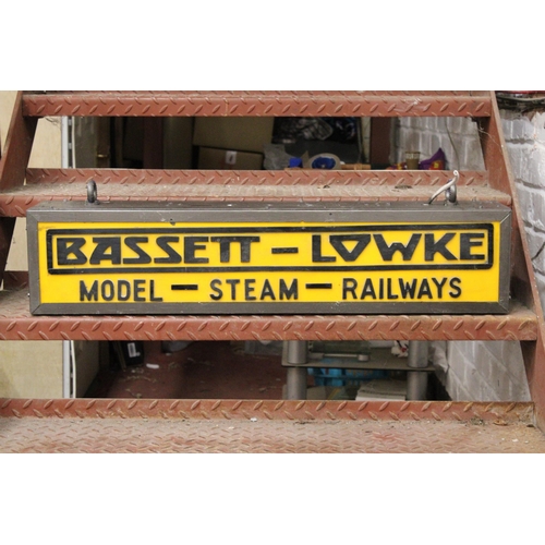 339 - A BASSETT-LOWKE MODEL-STEAM-RAILWAYS DOUBLE SIDED ILLUMINATED SIGN COMPLETE WITH HANGING BRACKET