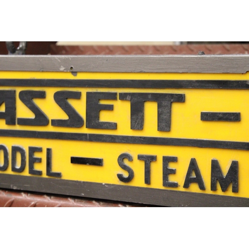 339 - A BASSETT-LOWKE MODEL-STEAM-RAILWAYS DOUBLE SIDED ILLUMINATED SIGN COMPLETE WITH HANGING BRACKET