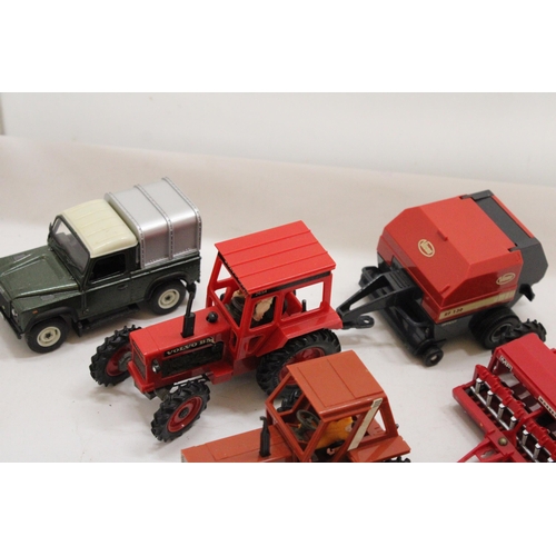 499 - SIX BRITAINS MODELS TO INCLUDE A VOLVO BM TRACTOR, A FIAT TRACTOR, A AND ROVER, A MASSEY FERGUSON SE... 