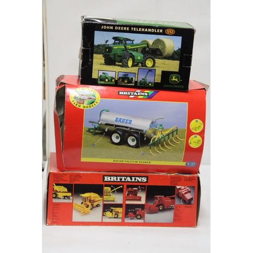 507 - THREE BRITAINS 1:32 SCALE MODELS TO INCLUDE A 9575 NEW HOLLAND COMBINE HARVESTER, A BAUER VACUUM TAN... 