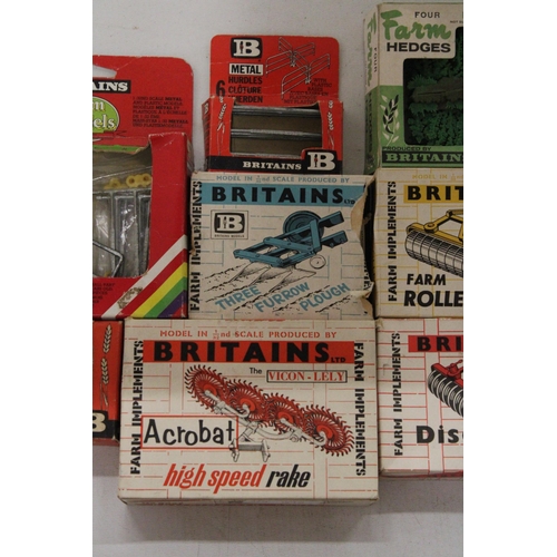 510 - NINE BRITAINS VINTAGE FARM ACCESSORY MODELS TO INCLUDE 1960'S AND 1970'S, ACROBAT HIGH SPEED RAKE, F... 