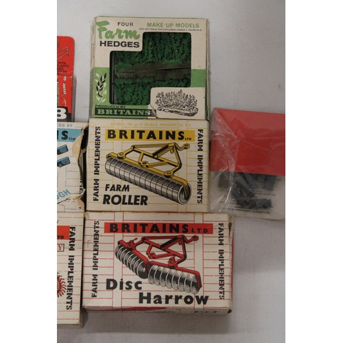 510 - NINE BRITAINS VINTAGE FARM ACCESSORY MODELS TO INCLUDE 1960'S AND 1970'S, ACROBAT HIGH SPEED RAKE, F... 