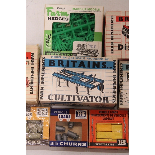 511 - TEN ITEMS OF BRITAINS FARM ACCESSORIES FROM THE 1960'S AND 70'S TO INCLUDE AN ACROBAT HIGH SPEED RAK... 