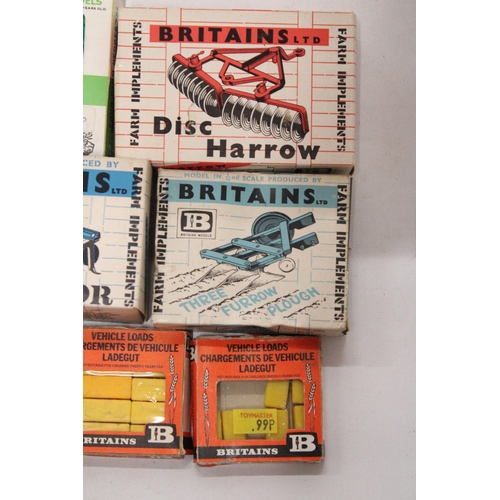 511 - TEN ITEMS OF BRITAINS FARM ACCESSORIES FROM THE 1960'S AND 70'S TO INCLUDE AN ACROBAT HIGH SPEED RAK... 