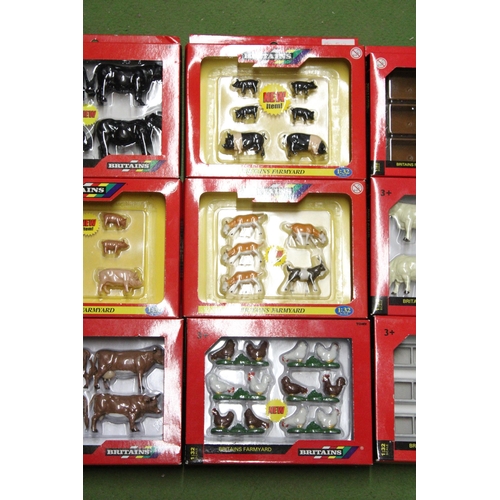 512 - NINE BOXES OF BRITAINS FARMYARD ANIMALS AND ACCESSORIES TO INCLUDE COWS, CHICKENS, PIGS, GOATS AND F... 