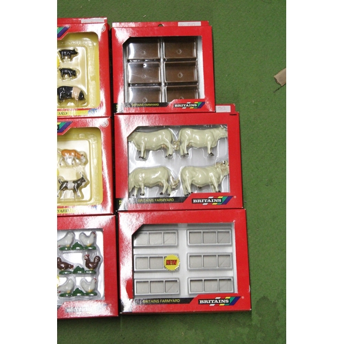 512 - NINE BOXES OF BRITAINS FARMYARD ANIMALS AND ACCESSORIES TO INCLUDE COWS, CHICKENS, PIGS, GOATS AND F... 