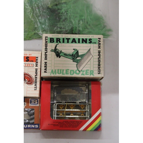 514 - NINE ITEMS OF BRITAINS FARM ACCESSORIES FROM THE 1960'S AND 70'S TO INCLUDE A MULEDOZER, A GATE, TRE... 