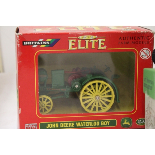 516 - THREE BRITAINS MODELS TO INCLUDE A VINTAGE ELITE JOHN DEERE WATERLOO BOY, A VINTAGE FARM COLLECTION ... 