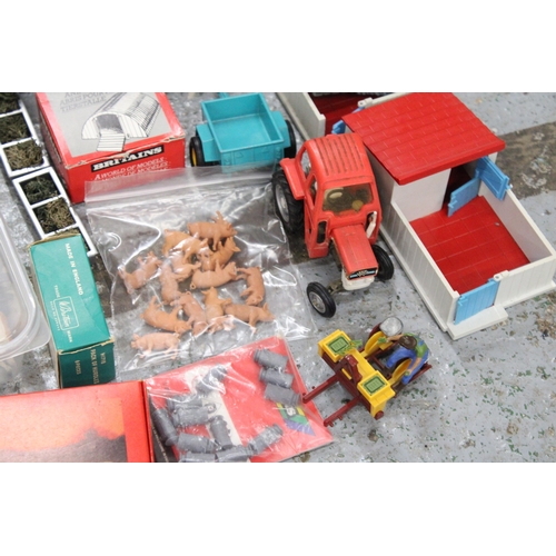 521 - A QUANTITY OF VINTAGE BRITAINS SMALL FARMYARD MODELS AND ACCESSORIES TO INCLUDE BUILDINGS, A MASSEY ... 