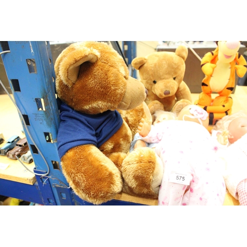 575 - TWO TEDDIES, A BOUNCING TIGGER AND THREE VINTAGE DOLLS