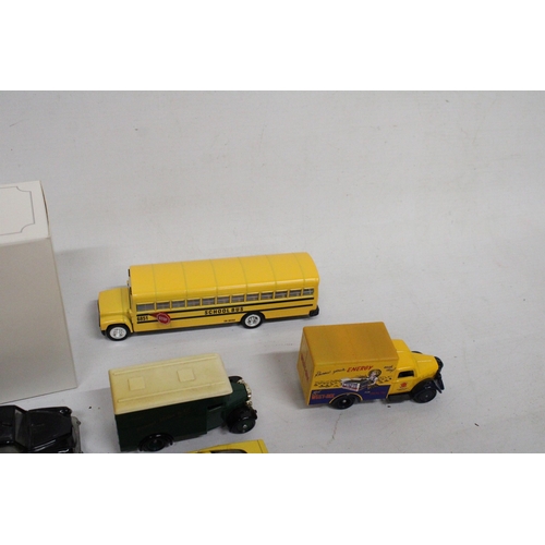 595 - EIGHT DIE-CAST VEHICLES TO INCLUDE AN ATLAS EDITIONS TRAM, A VINTAGE MATCHBOX MERCEDES BENZ AMBULANC... 