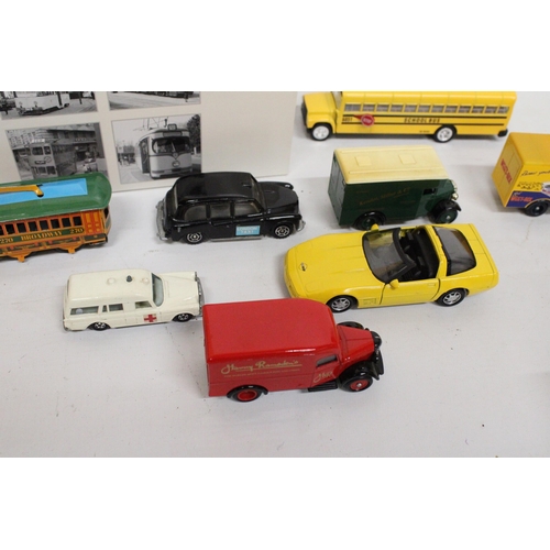 595 - EIGHT DIE-CAST VEHICLES TO INCLUDE AN ATLAS EDITIONS TRAM, A VINTAGE MATCHBOX MERCEDES BENZ AMBULANC... 