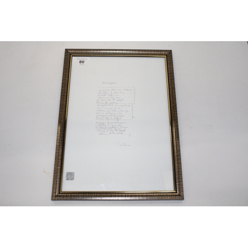 80 - A BELIEVED FACSIMILE OF HANDWRITTEN LYRICS 