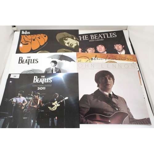 98 - SIX OFFICIAL BEATLES CALENDARS TO INCLUDE THE STUDIO ALBUMS CALENDAR 2011, 2014 OFFICIAL CALENDAR, J... 