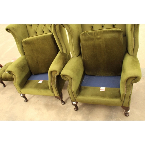 2889 - A PAIR OF GREEN BUTTON BACK WINGED FIRESIDE CHAIRS ON CABRIOLE LEGS AND STOOL