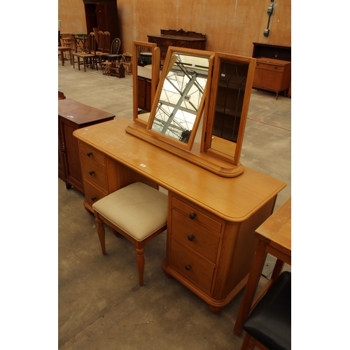 2892 - AN OAK TWIN PEDESTAL DRESSING CHEST OF SIX DRAWERS WITH TRIPLE MIRROR AND STOOL 58