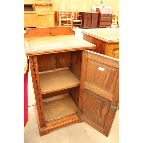 2895 - A VICTORIAN PITCH PINE POT CUPBOARD WITH BLACK PAINTED SCENES DEPICTING SWANS