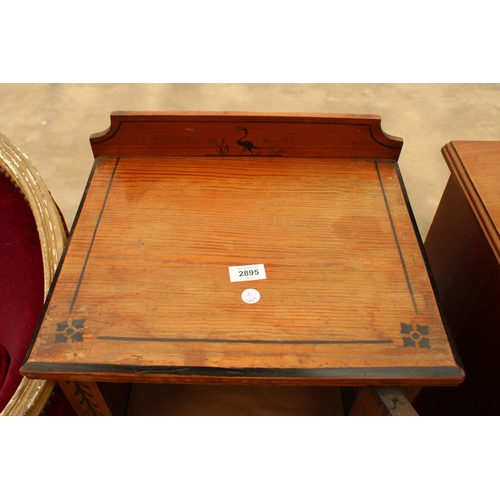 2895 - A VICTORIAN PITCH PINE POT CUPBOARD WITH BLACK PAINTED SCENES DEPICTING SWANS