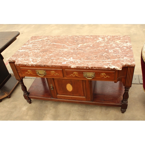 2897 - A VICTORIAN MAHOGANY AND INLAID MARBLE TOP WASHSTAND ENCLOSING CENTRAL CUPBOARD AND TWO DRAWERS, BEA... 