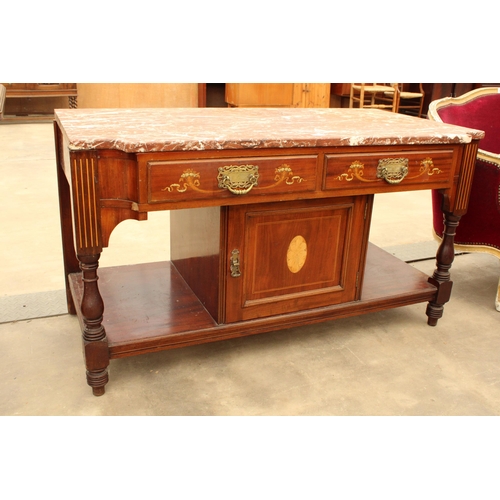 2897 - A VICTORIAN MAHOGANY AND INLAID MARBLE TOP WASHSTAND ENCLOSING CENTRAL CUPBOARD AND TWO DRAWERS, BEA... 