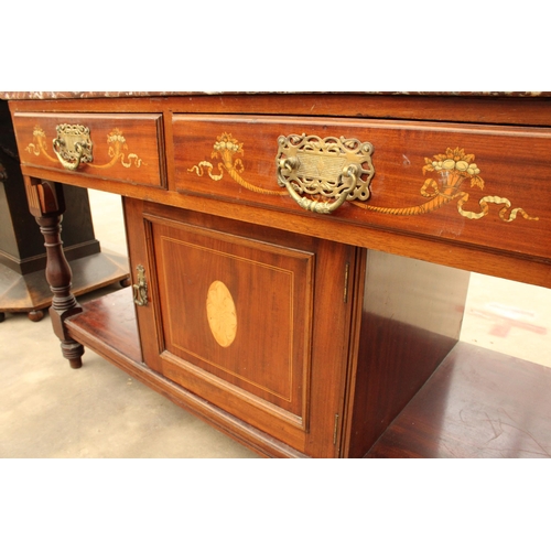 2897 - A VICTORIAN MAHOGANY AND INLAID MARBLE TOP WASHSTAND ENCLOSING CENTRAL CUPBOARD AND TWO DRAWERS, BEA... 