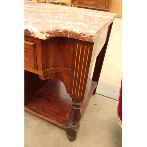 2897 - A VICTORIAN MAHOGANY AND INLAID MARBLE TOP WASHSTAND ENCLOSING CENTRAL CUPBOARD AND TWO DRAWERS, BEA... 