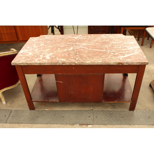 2897 - A VICTORIAN MAHOGANY AND INLAID MARBLE TOP WASHSTAND ENCLOSING CENTRAL CUPBOARD AND TWO DRAWERS, BEA... 