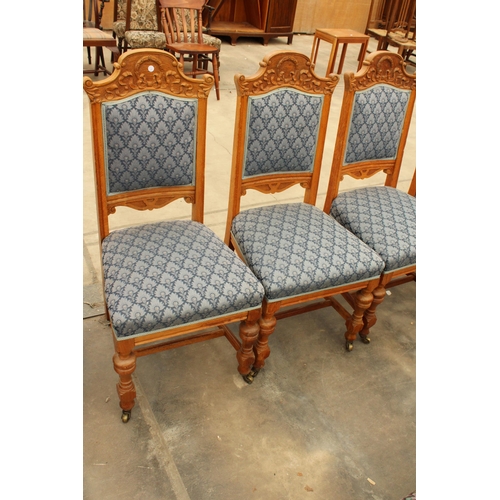 2902 - A SET OF SIX OAK LATE VICTORIAN DINING CHAIRS WITH CARVED TOP RAILS AND TURNED FRONT LEGS