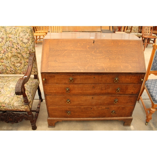 2903 - AN OAK GEORGE III BUREAU WITH FITTED INTERIOR, FOUR GRADUATED DRAWERS AND BRACKET FEET, 42.5