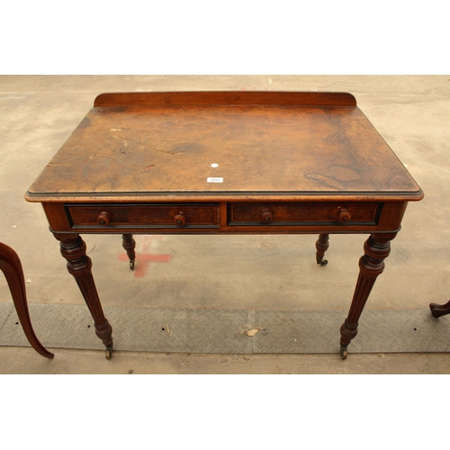 2913 - A VICTORIAN BURR WALNUT WRITING TABLE WITH TWO DRAWERS, ON TURNED AND FLUTED LEGS, 39