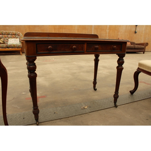 2913 - A VICTORIAN BURR WALNUT WRITING TABLE WITH TWO DRAWERS, ON TURNED AND FLUTED LEGS, 39