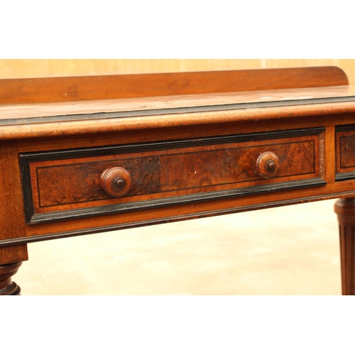 2913 - A VICTORIAN BURR WALNUT WRITING TABLE WITH TWO DRAWERS, ON TURNED AND FLUTED LEGS, 39