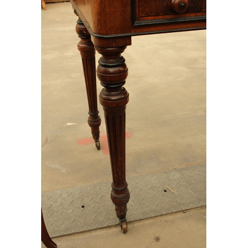 2913 - A VICTORIAN BURR WALNUT WRITING TABLE WITH TWO DRAWERS, ON TURNED AND FLUTED LEGS, 39