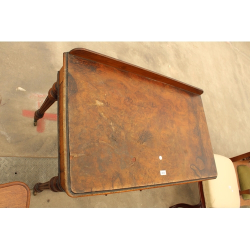 2913 - A VICTORIAN BURR WALNUT WRITING TABLE WITH TWO DRAWERS, ON TURNED AND FLUTED LEGS, 39