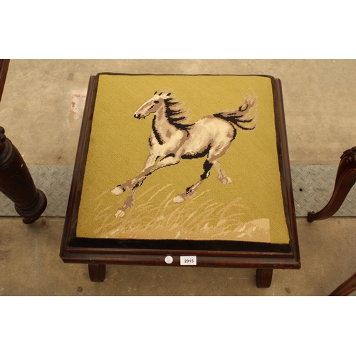 2915 - A VICTORIAN MAHOGANY STOOL ON X-FRAME LEGS AND WOOLWORK TOP DEPICTING A HORSE