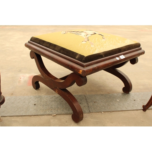 2915 - A VICTORIAN MAHOGANY STOOL ON X-FRAME LEGS AND WOOLWORK TOP DEPICTING A HORSE