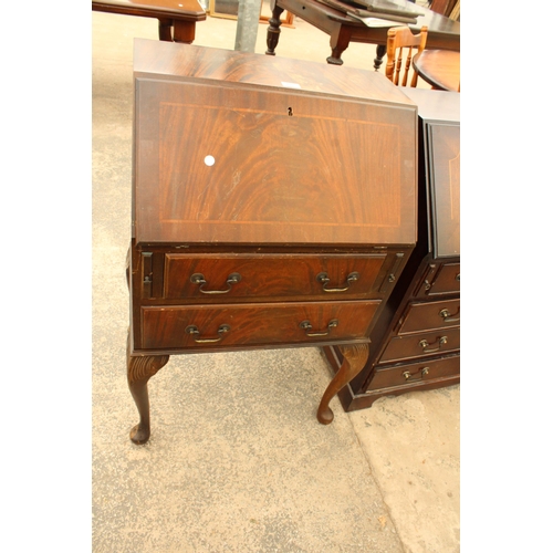 2923 - A MODERN MAHOGANY AND INLAID BUREAU ON CABRIOLE LEGS, 24