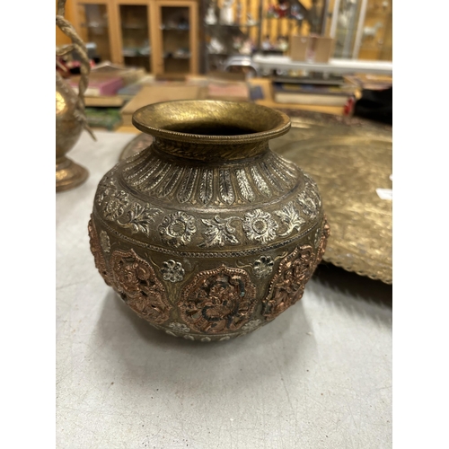 36 - AN INDIAN BRONZE CELEBRATION POT DEPICTING DIWALI DEITIES, GANESHA, LAKSHMI AND OTHERS TOGETHER WITH... 